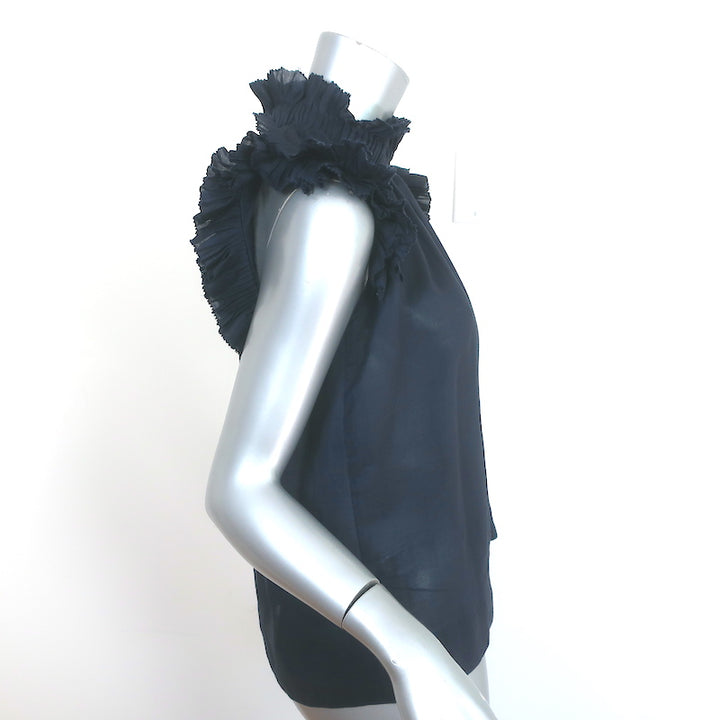 SEA Flutter Sleeve Top Navy Ramie Size 6 High Neck Blouse
