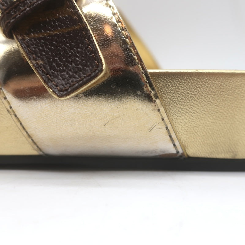 Louis Vuitton Bom Dia Slide Sandals Brown Monogram Canvas &amp; Gold Leather Size 38
