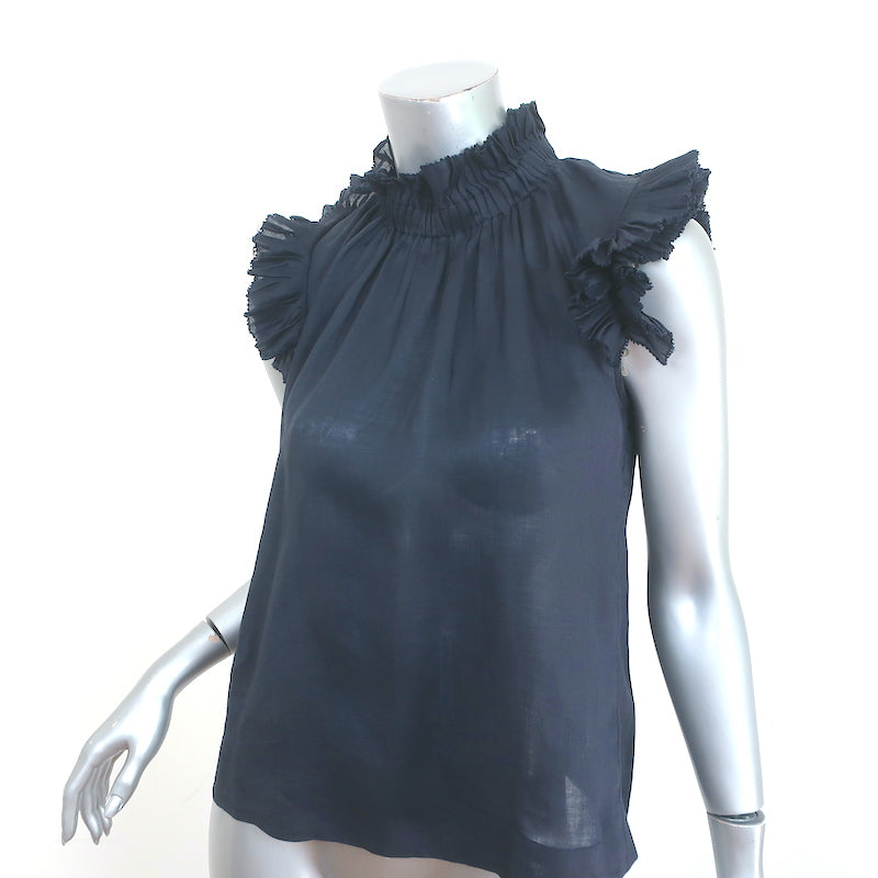 SEA Flutter Sleeve Top Navy Ramie Size 6 High Neck Blouse