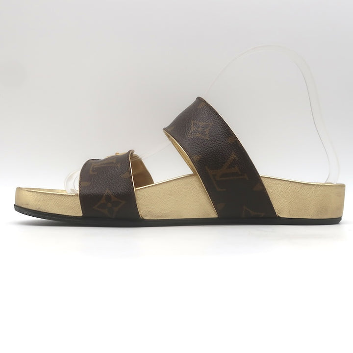 Louis Vuitton Bom Dia Slide Sandals Brown Monogram Canvas &amp; Gold Leather Size 38