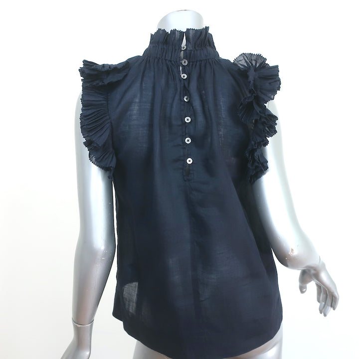 SEA Flutter Sleeve Top Navy Ramie Size 6 High Neck Blouse