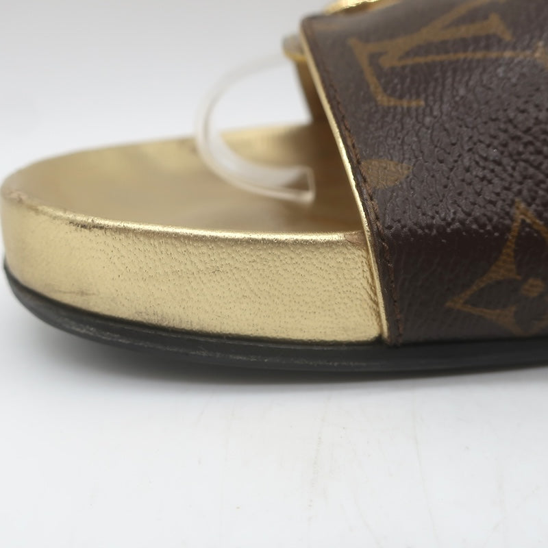 Louis Vuitton Bom Dia Slide Sandals Brown Monogram Canvas &amp; Gold Leather Size 38