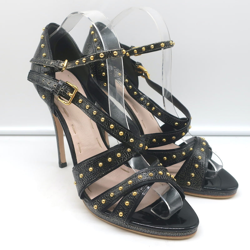 Miu Miu Studded Crisscross Sandals Black Crackled Leather Size 41 Open –  Celebrity Owned
