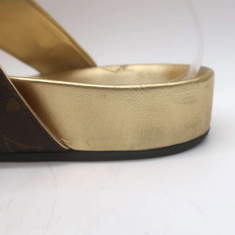 Louis Vuitton Bom Dia Slide Sandals Brown Monogram Canvas &amp; Gold Leather Size 38