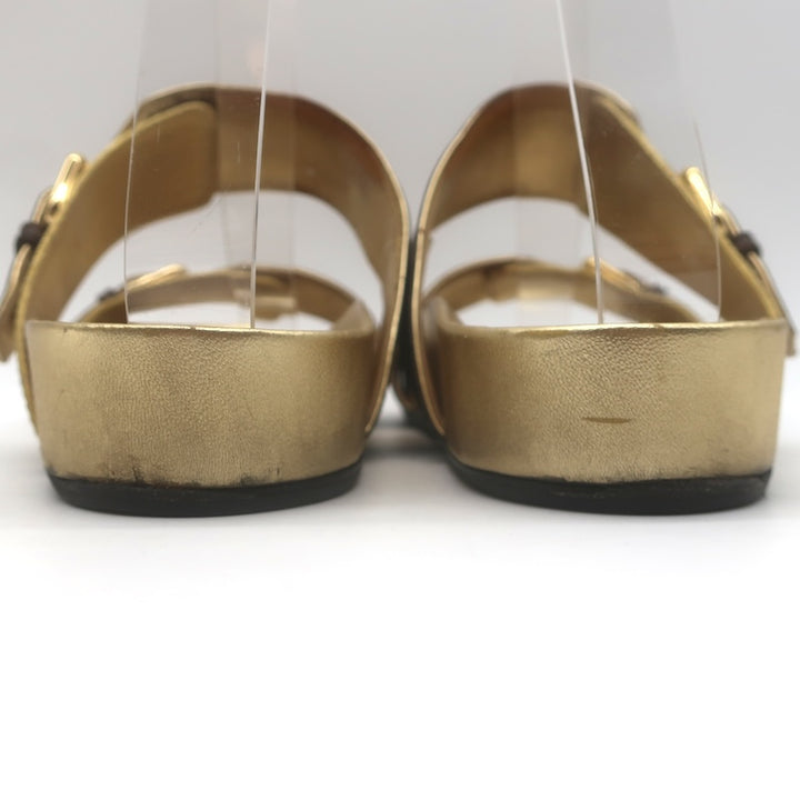 Louis Vuitton Bom Dia Slide Sandals Brown Monogram Canvas &amp; Gold Leather Size 38