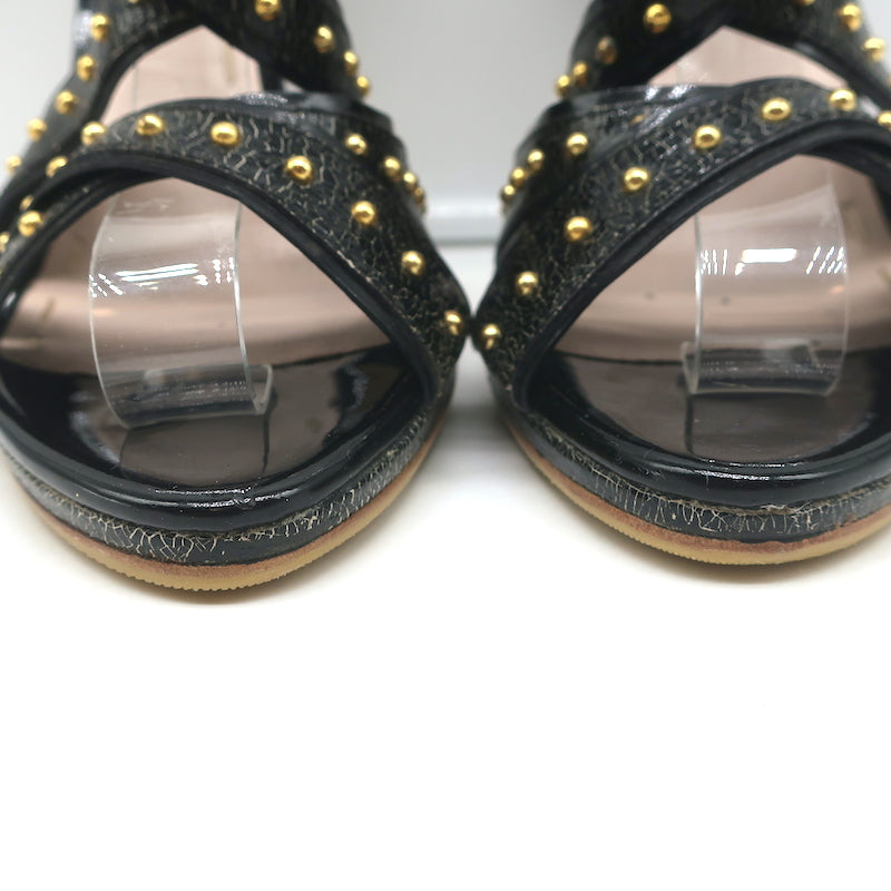 Miu Miu Studded Crisscross Sandals Black Crackled Leather Size 41 Open Toe Heels
