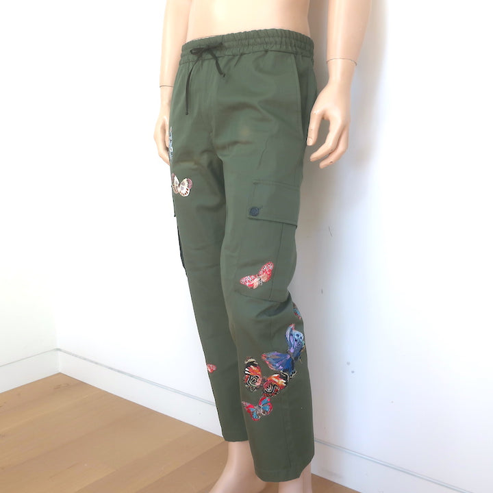 Valentino Butterfly-Embroidered Cargo Pants Army Green Cotton Size 46