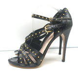 Miu Miu Studded Crisscross Sandals Black Crackled Leather Size 41 Open Toe Heels