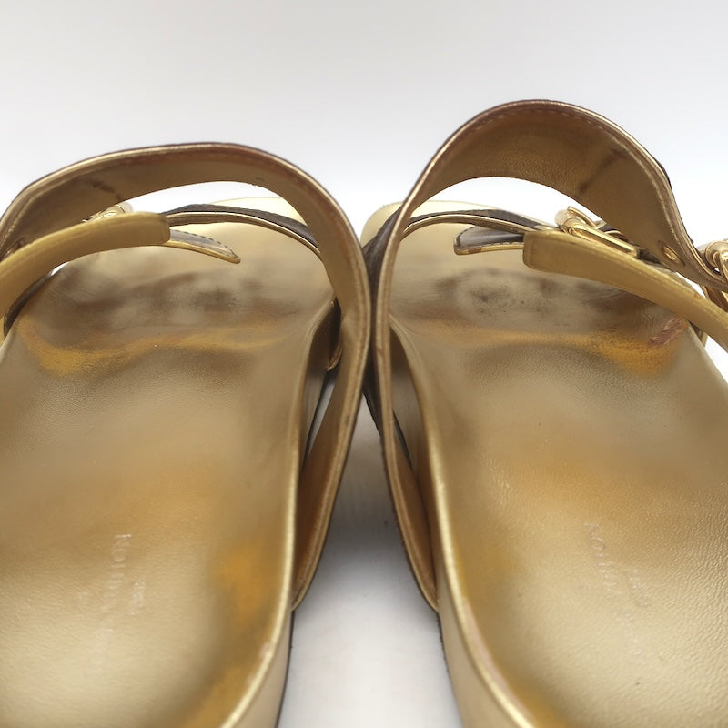 Louis Vuitton Bom Dia Slide Sandals Brown Monogram Canvas &amp; Gold Leather Size 38