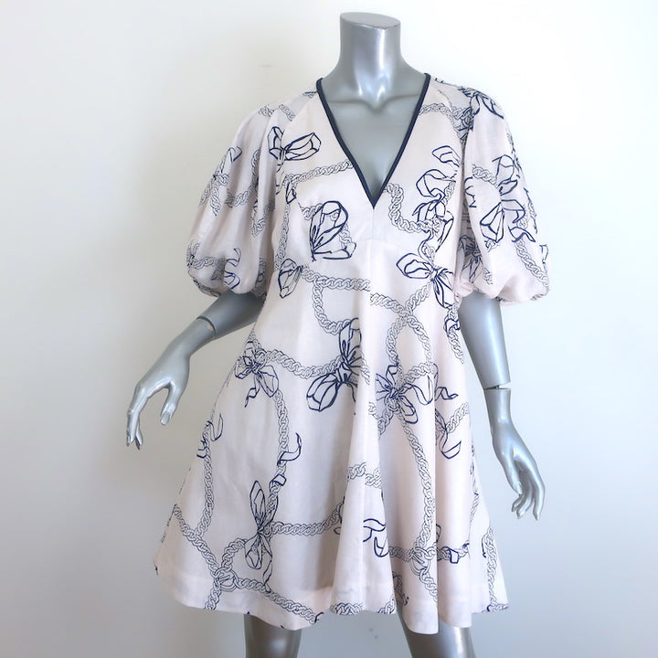 Zimmermann Day Tie-Neck Puff Sleeve Mini Dress White/Navy Bow Print Linen Size 3