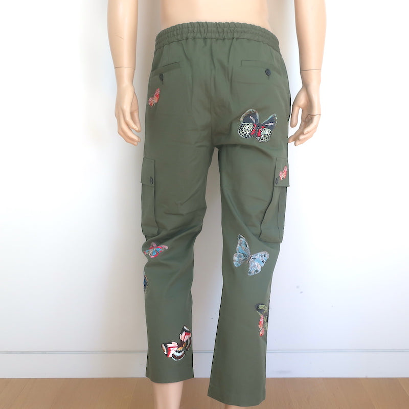 Valentino Butterfly-Embroidered Cargo Pants Army Green Cotton Size 46
