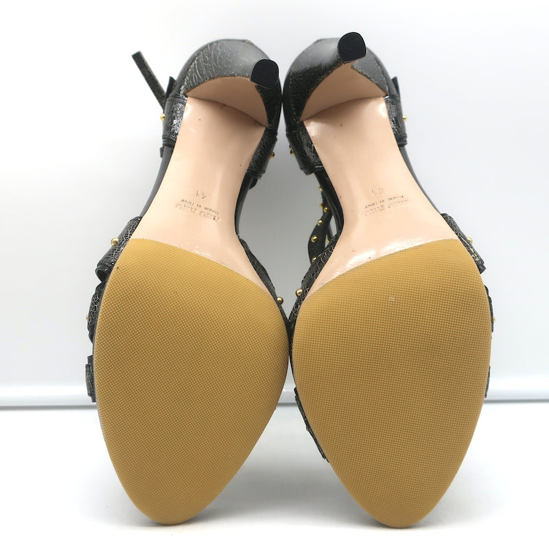 Miu Miu Studded Crisscross Sandals Black Crackled Leather Size 41 Open Toe Heels