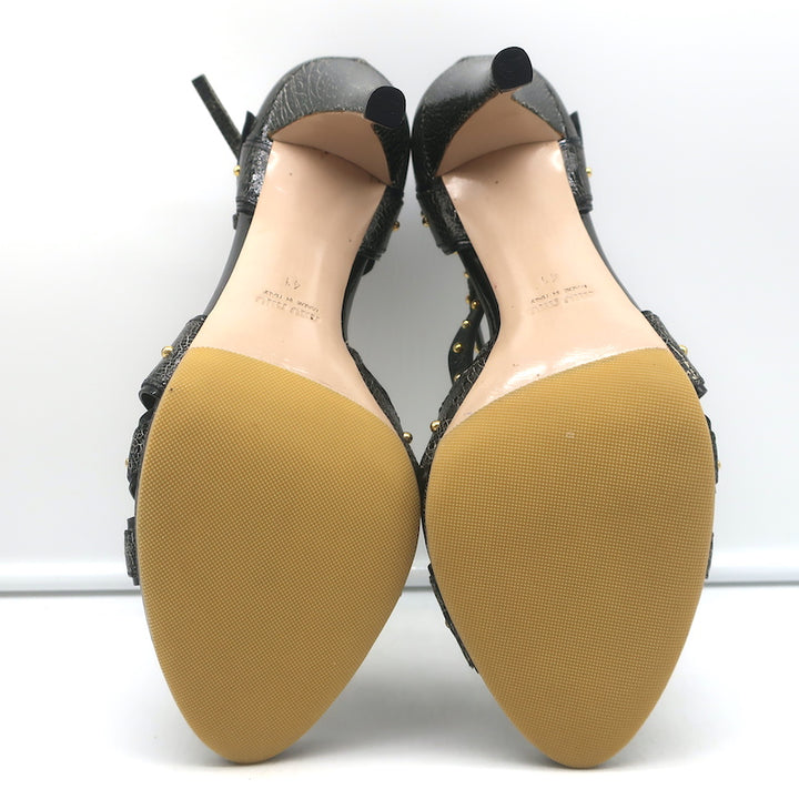 Miu Miu Studded Crisscross Sandals Black Crackled Leather Size 41 Open Toe Heels