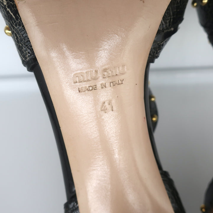Miu Miu Studded Crisscross Sandals Black Crackled Leather Size 41 Open Toe Heels
