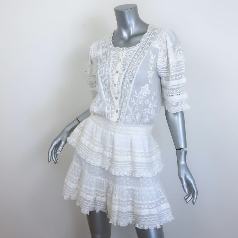 LoveShackFancy Quincy Floral Embroidered Mini Dress White Cotton Size Medium