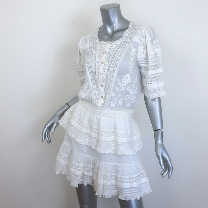 LoveShackFancy Quincy Floral Embroidered Mini Dress White Cotton Size Medium