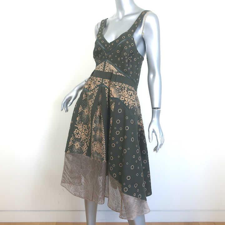 Timo Weiland Fit &amp; Flare Midi Dress Dark Olive Printed Stretch Cotton Size 4