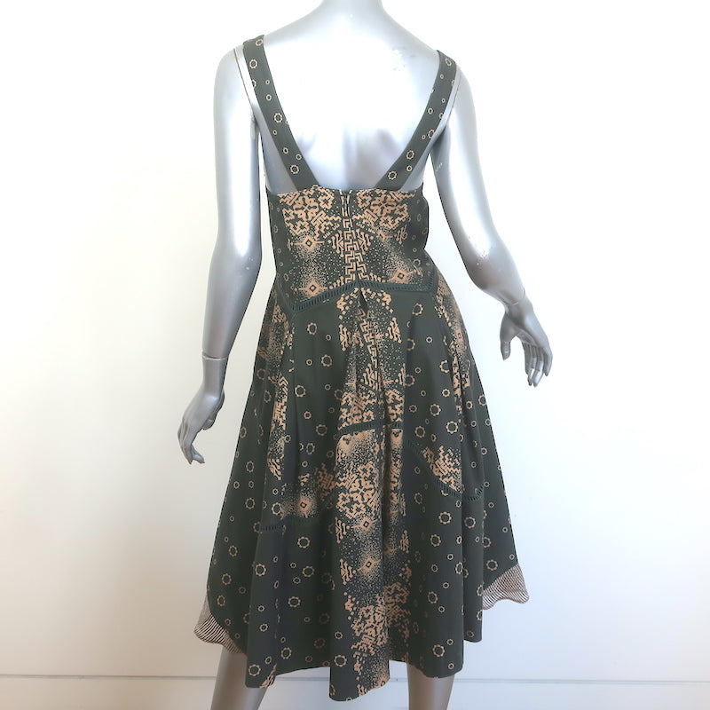 Timo Weiland Fit &amp; Flare Midi Dress Dark Olive Printed Stretch Cotton Size 4