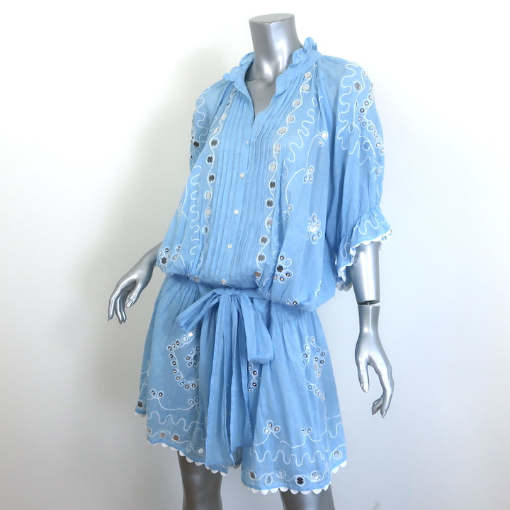 Juliet Dunn Mirror Embroidered Tie-Waist Mini Dress Blue Cotton Gauze Size 3