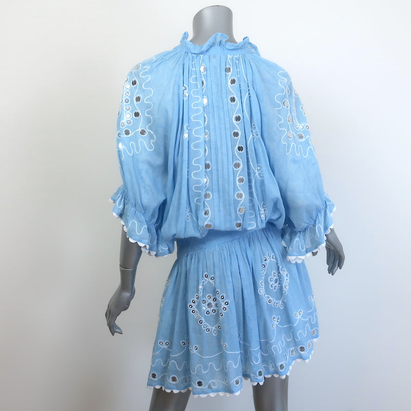 Juliet Dunn Mirror Embroidered Tie-Waist Mini Dress Blue Cotton Gauze Size 3
