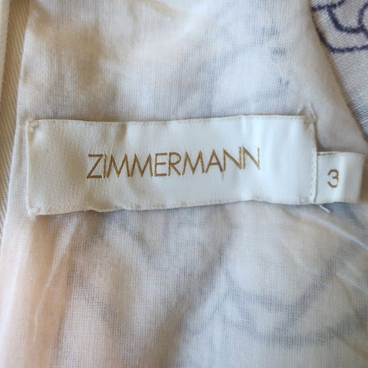 Zimmermann Day Tie-Neck Puff Sleeve Mini Dress White/Navy Bow Print Linen Size 3