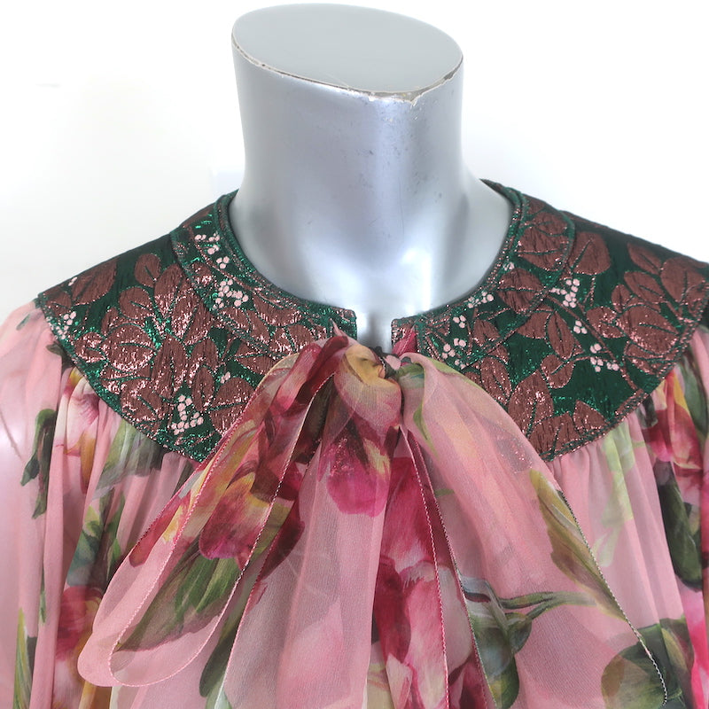 Dolce &amp; Gabbana Pussy Bow Blouse Jacquard-Trim Pink Floral Print Silk Size 36