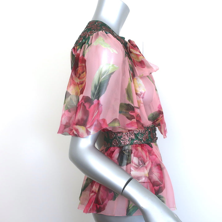 Dolce &amp; Gabbana Pussy Bow Blouse Jacquard-Trim Pink Floral Print Silk Size 36