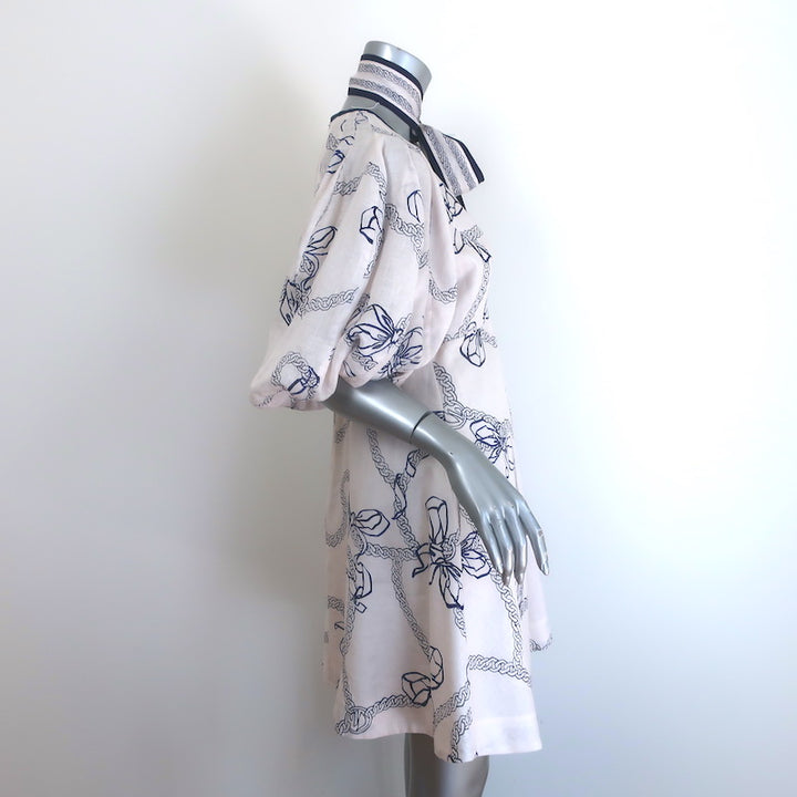 Zimmermann Day Tie-Neck Puff Sleeve Mini Dress White/Navy Bow Print Linen Size 3