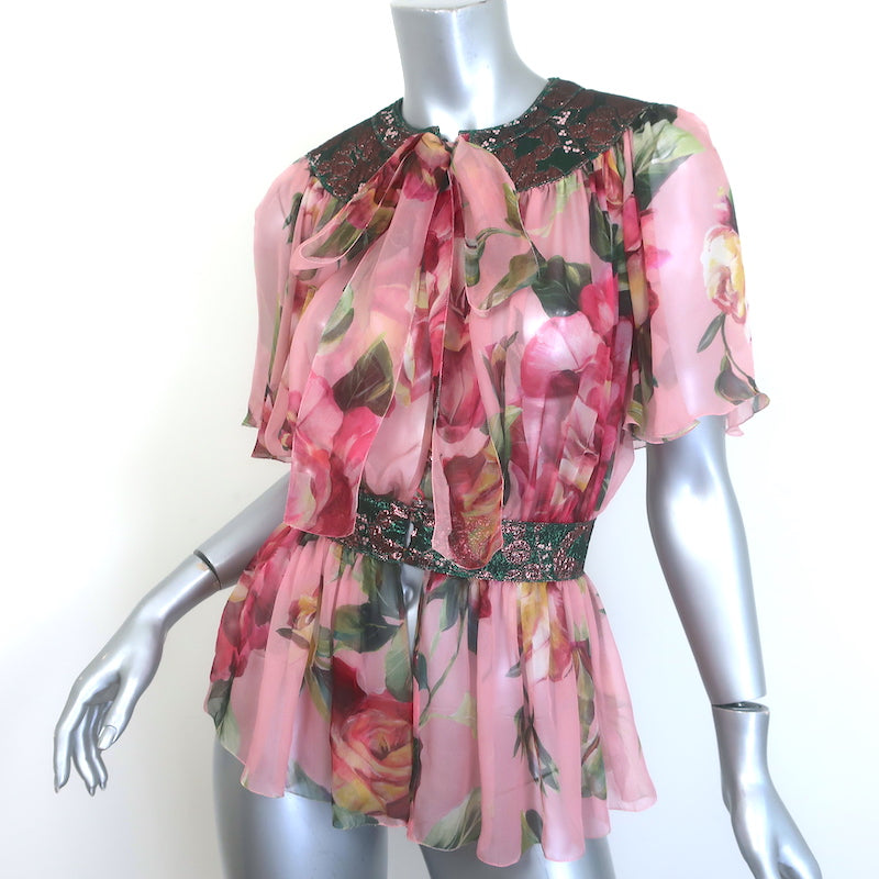 Dolce &amp; Gabbana Pussy Bow Blouse Jacquard-Trim Pink Floral Print Silk Size 36