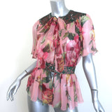 Dolce & Gabbana Pussy Bow Blouse Jacquard-Trim Pink Floral Print Silk Size 36