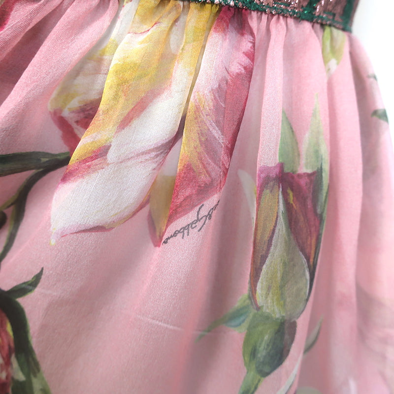Dolce &amp; Gabbana Pussy Bow Blouse Jacquard-Trim Pink Floral Print Silk Size 36