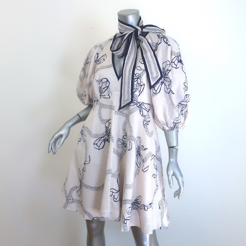 Zimmermann Day Tie-Neck Puff Sleeve Mini Dress White/Navy Bow Print Linen Size 3