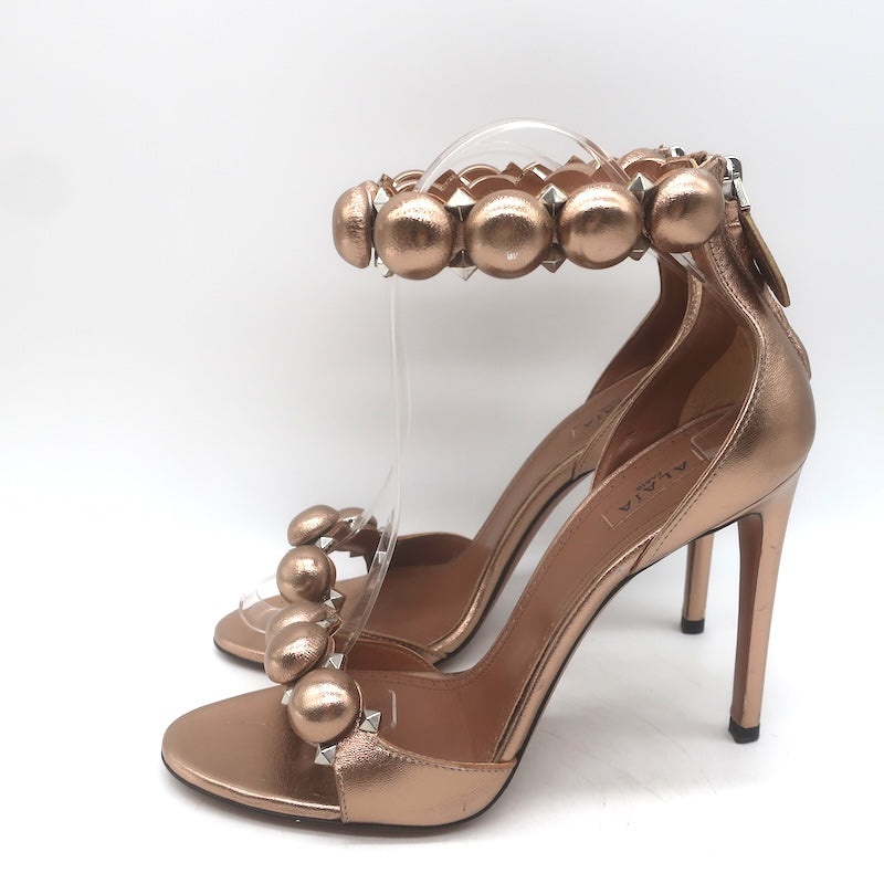 Alaia La Bombe 110 Ankle Strap Sandals Rose Gold Metallic Leather Size 38
