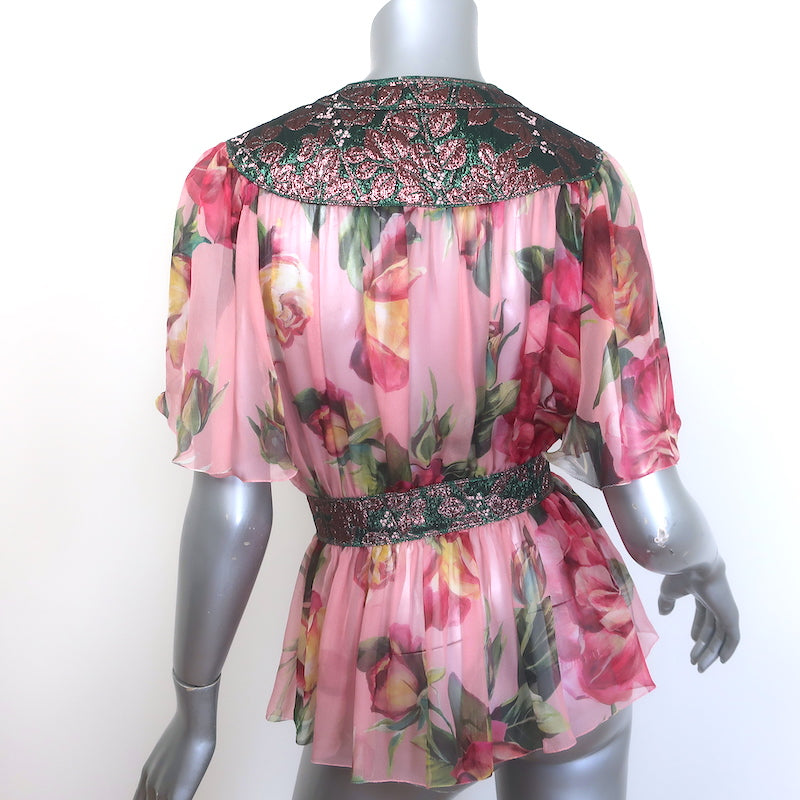 Dolce &amp; Gabbana Pussy Bow Blouse Jacquard-Trim Pink Floral Print Silk Size 36