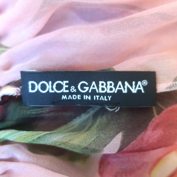 Dolce &amp; Gabbana Pussy Bow Blouse Jacquard-Trim Pink Floral Print Silk Size 36