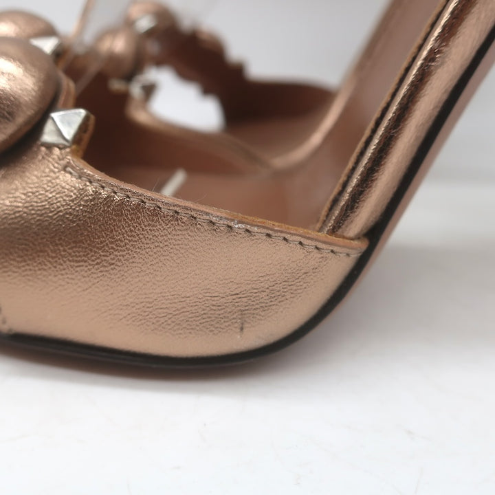 Alaia La Bombe 110 Ankle Strap Sandals Rose Gold Metallic Leather Size 38
