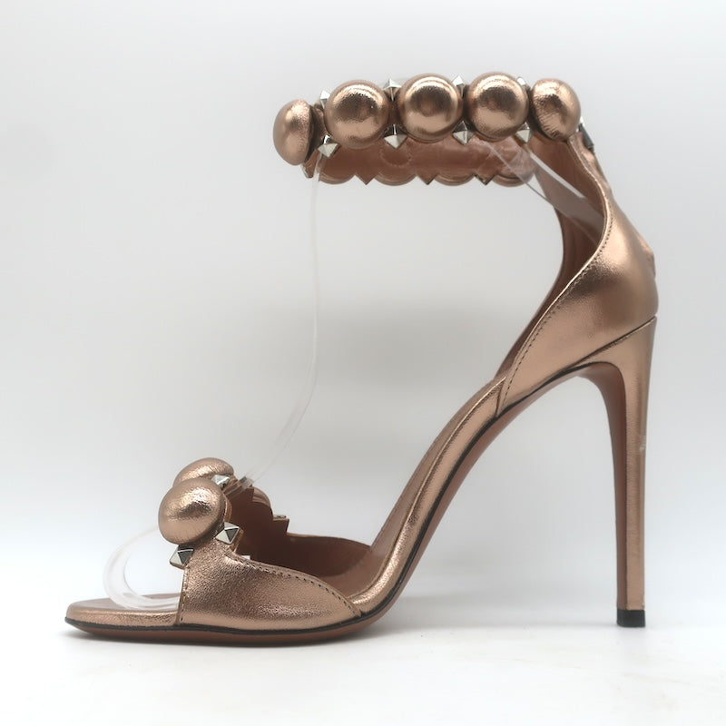 Alaia La Bombe 110 Ankle Strap Sandals Rose Gold Metallic Leather Size 38