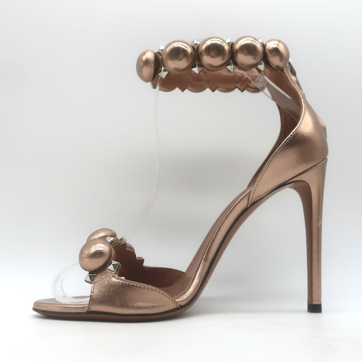 Alaia La Bombe 110 Ankle Strap Sandals Rose Gold Metallic Leather Size 38