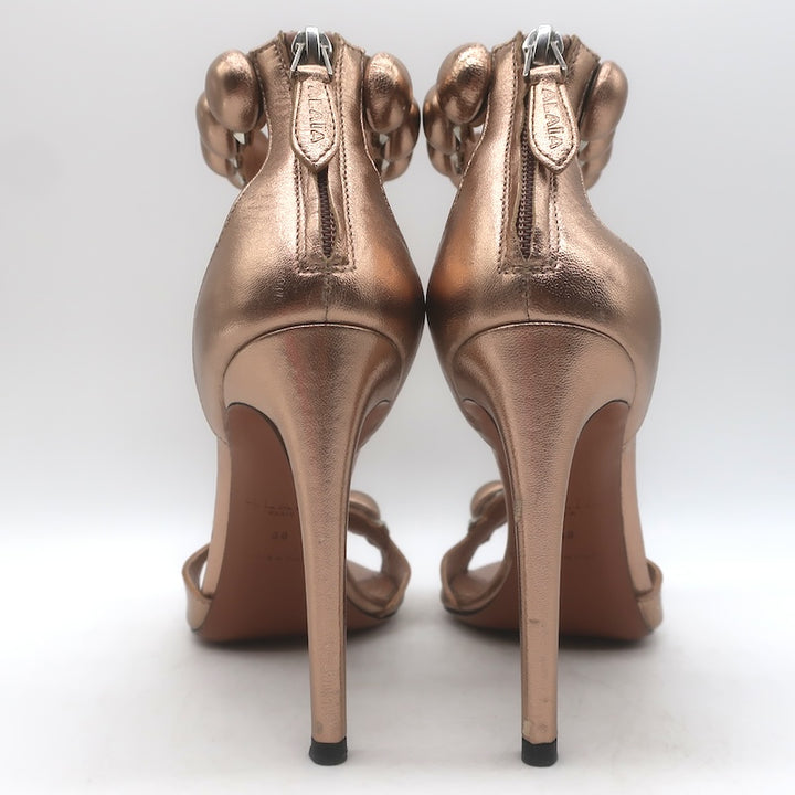 Alaia La Bombe 110 Ankle Strap Sandals Rose Gold Metallic Leather Size 38
