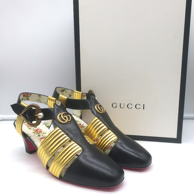 Gucci Gea T-strap pumps in black leather with gold hardware and faux pearls, pre-owned luxury heels, size 36.5