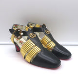 Gucci Gea T-strap pumps, black leather with gold hardware and faux pearl accents — pre-owned luxury heels