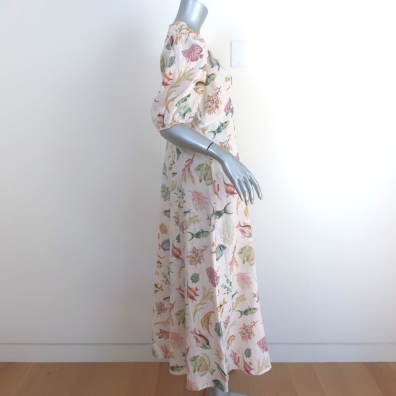 Alemais Wanda Puff Sleeve Midi Dress Cream Fish Print Flax Size 12