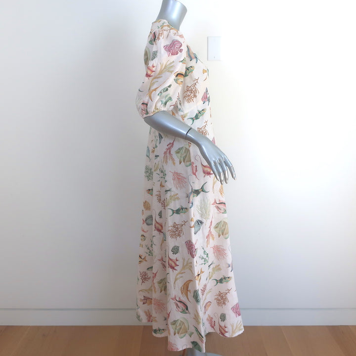 Alemais Wanda Puff Sleeve Midi Dress Cream Fish Print Flax Size 12