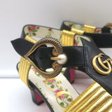Gucci Gea T-strap pumps, black leather with gold hardware and faux pearl accents, authentic pre-owned luxury heels size 36.5