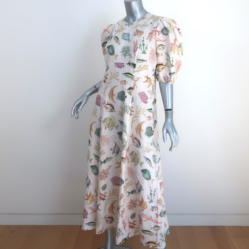 Alemais Wanda Puff Sleeve Midi Dress Cream Fish Print Flax Size 12