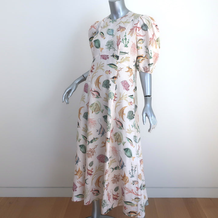 Alemais Wanda Puff Sleeve Midi Dress Cream Fish Print Flax Size 12