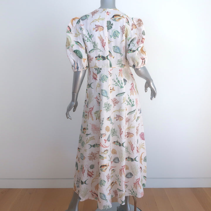 Alemais Wanda Puff Sleeve Midi Dress Cream Fish Print Flax Size 12