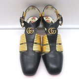 Gucci Gea faux-pearl T-strap pumps in black leather with gold hardware, authentic pre-owned luxury heels (size 36.5)