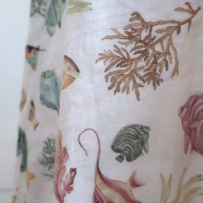 Alemais Wanda Puff Sleeve Midi Dress Cream Fish Print Flax Size 12