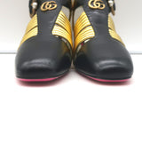 Authentic Gucci Gea T-strap pumps in black leather with gold hardware and faux pearls, size 36.5, new with tags